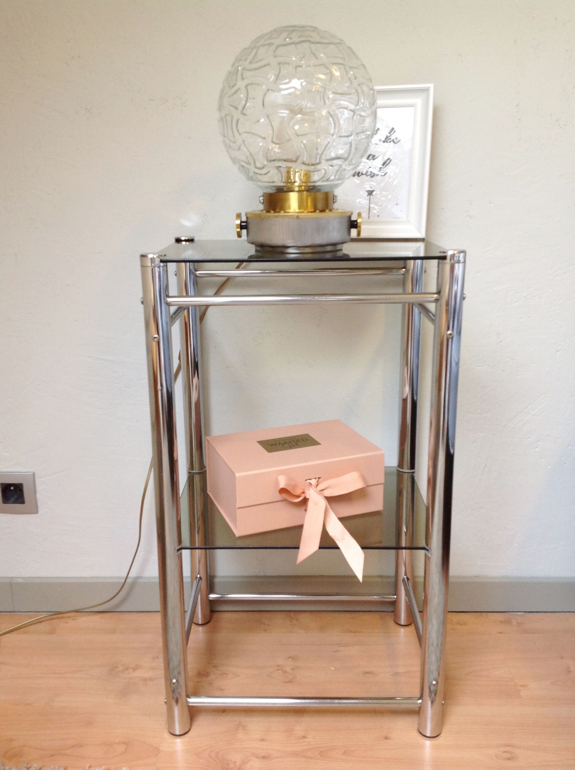 Two-tray console in smoked glass and chrome metal / vintage 70s-80s
