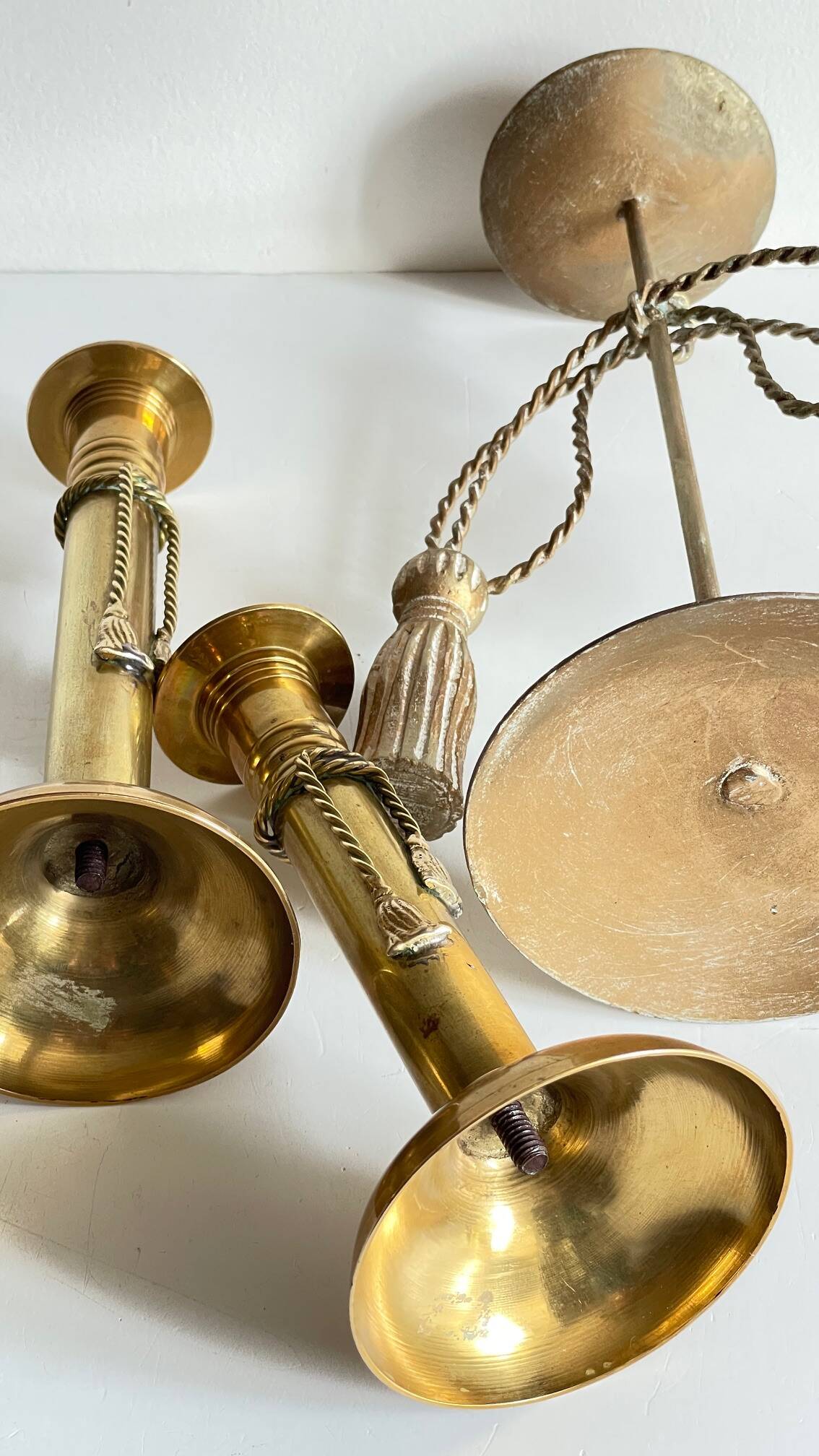 Trio of vintage knotted candlesticks brass