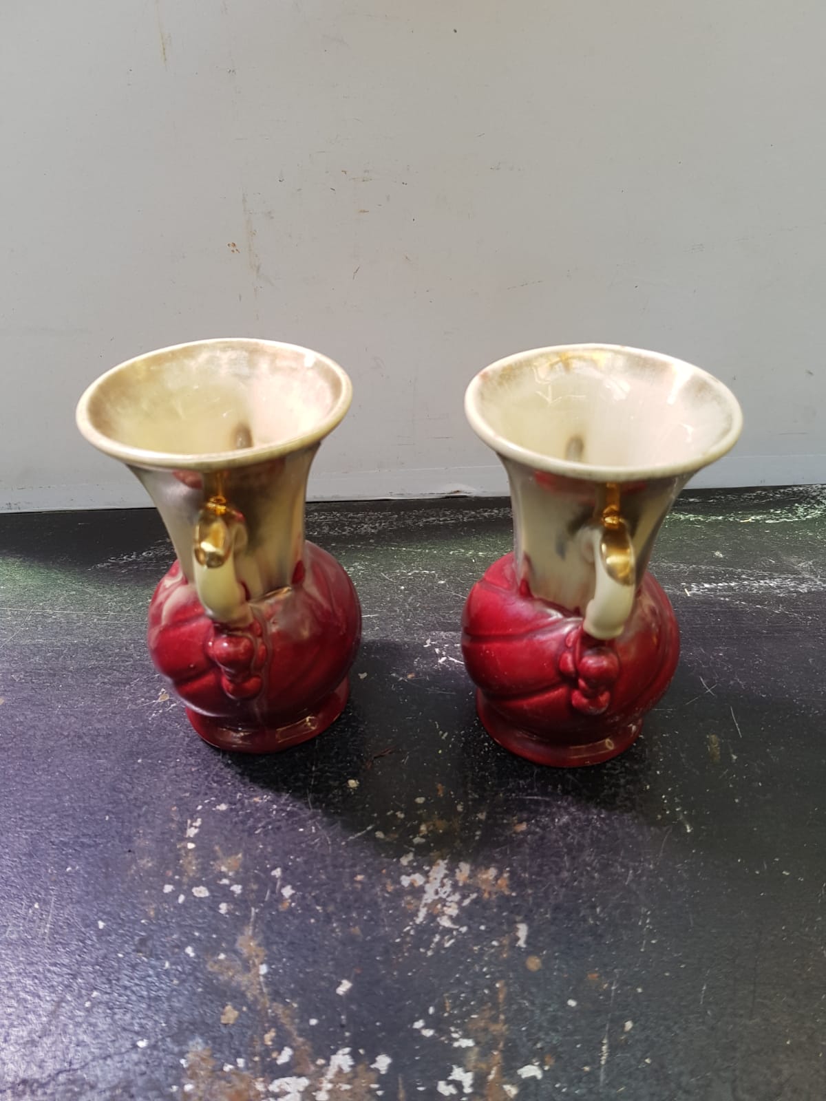 Pair of old beige & red ceramic vases