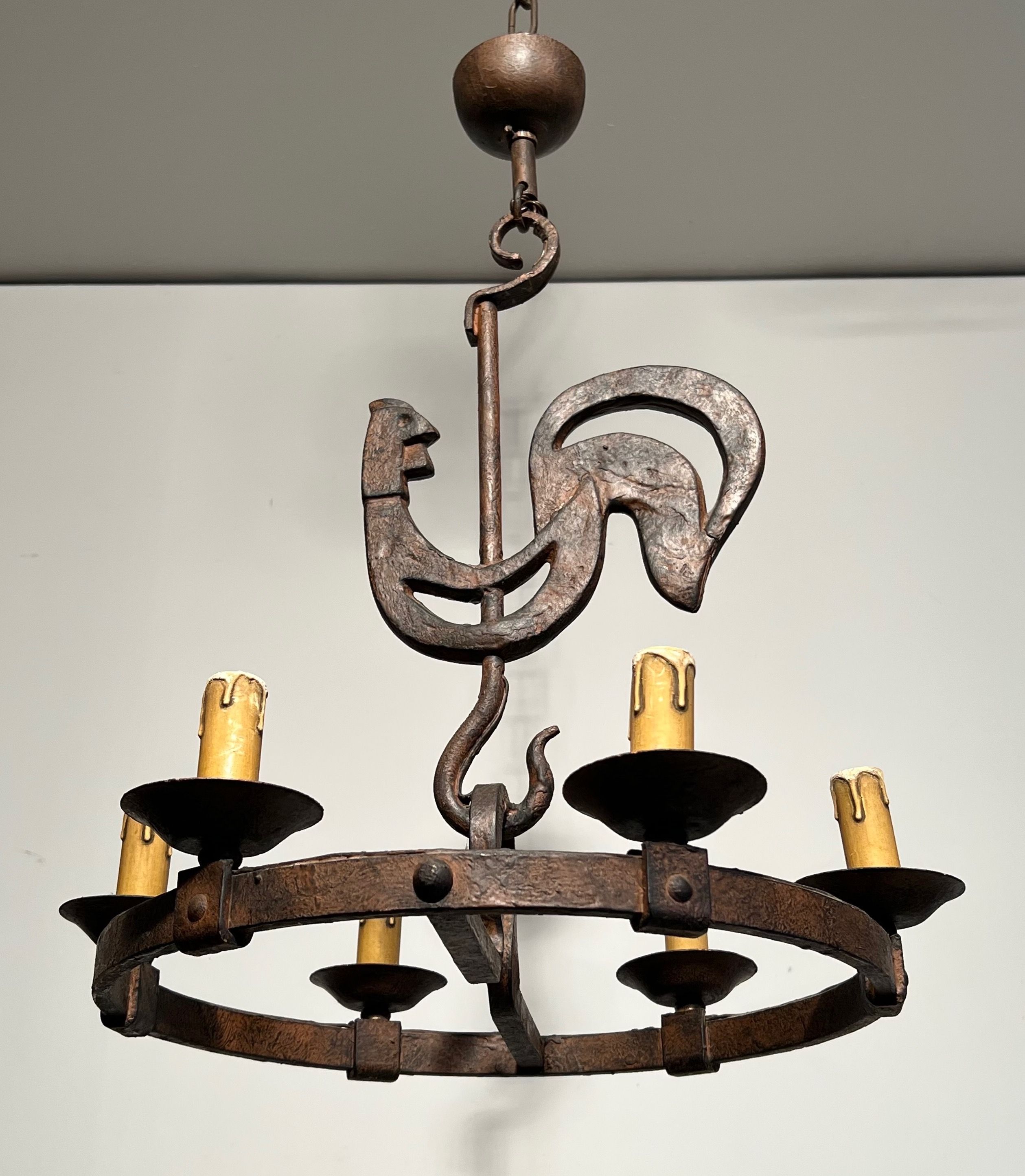Lustre with rooster by Jean Touret for Atelier Marolles
