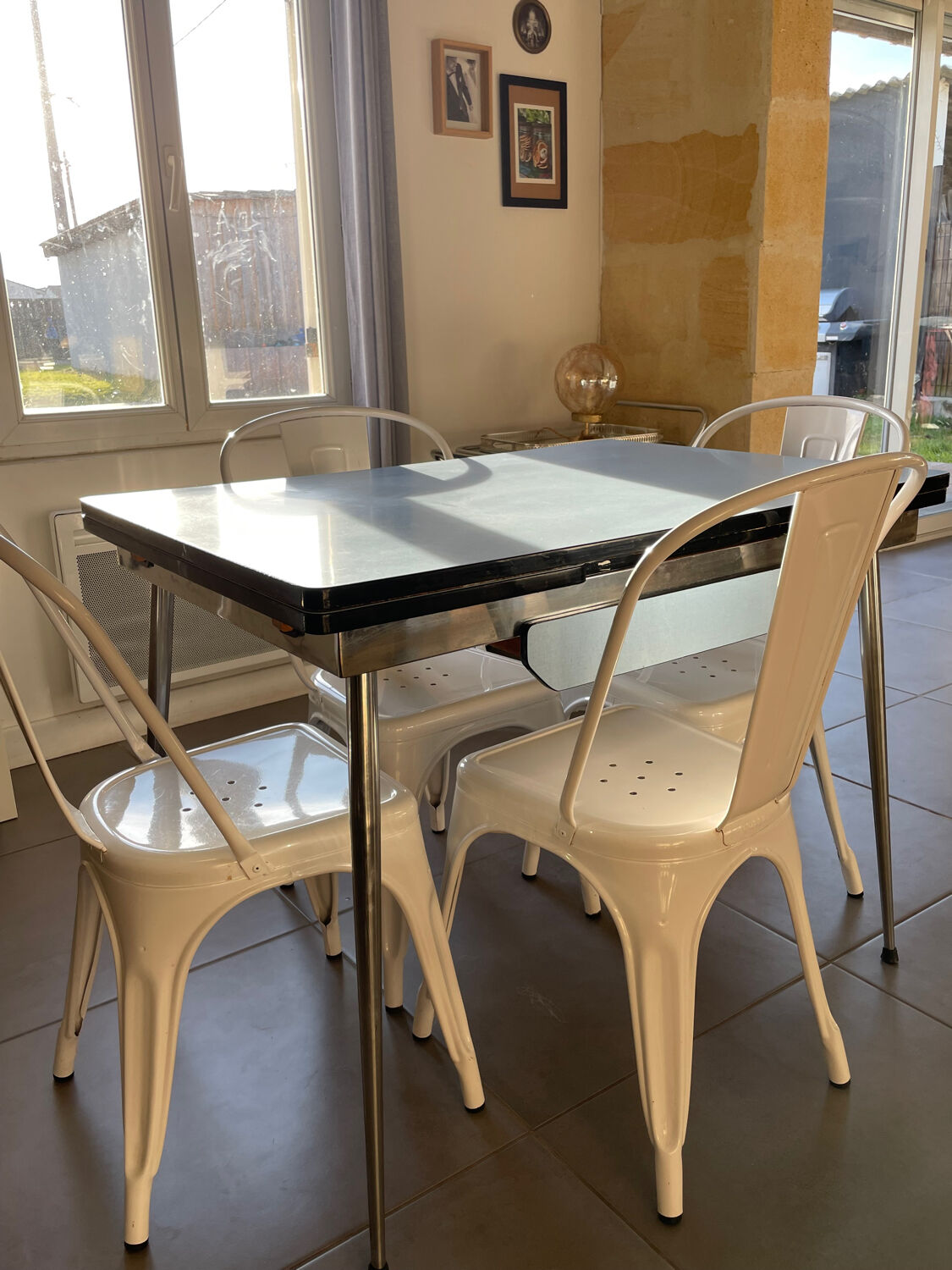 Blue Formica table for 4 to 6 people