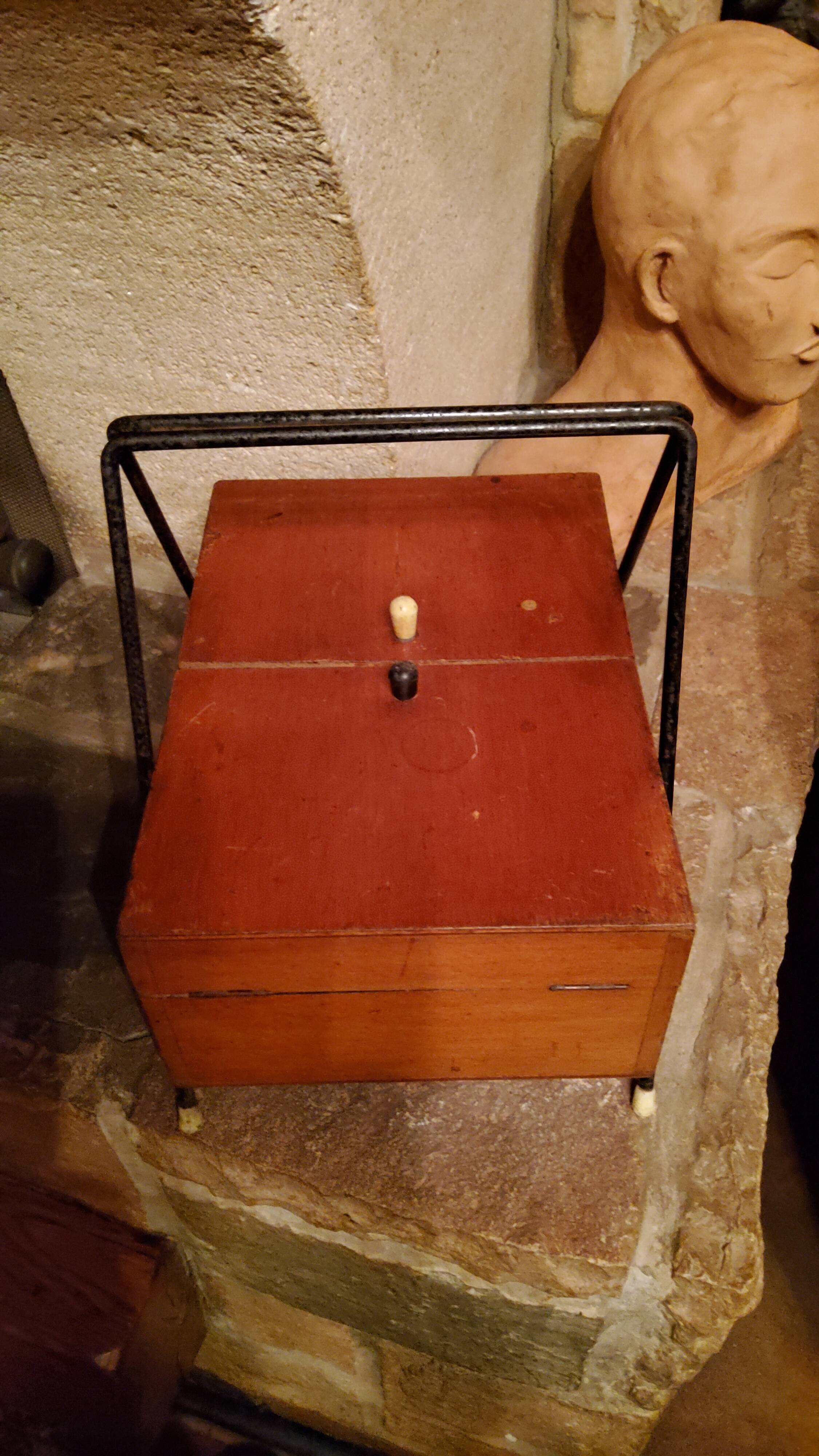 Sewing box from the 50s in wood and black metal