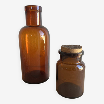 Brown glass pharmacy bottle and jar