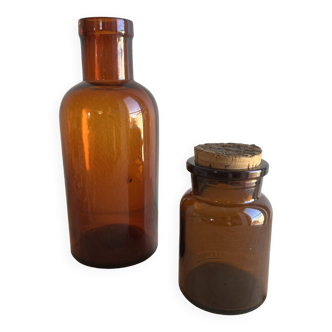 Brown glass pharmacy bottle and jar