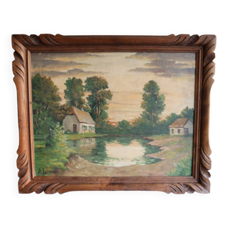 Old oil painting on landscape panel signed