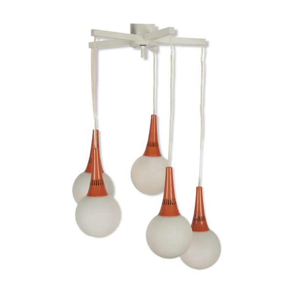 Suspension Space Age orange et blanche à 5 boules