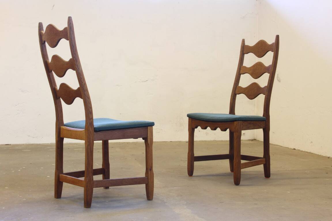 Six vintage 1960s Danish ladderback oak chairs, Henning Kjærnulf brutalist style