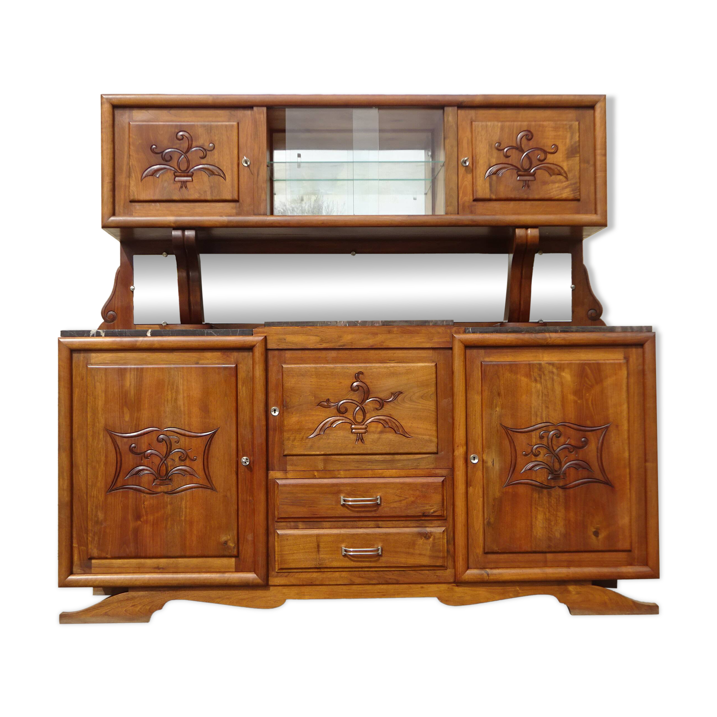 Solid walnut sideboard, moustache legs, black marble top.