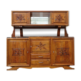 Solid walnut sideboard, moustache legs, black marble top.