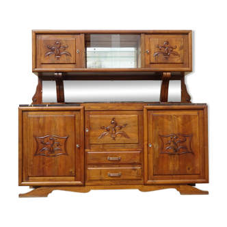 Solid walnut sideboard, moustache legs, black marble top.