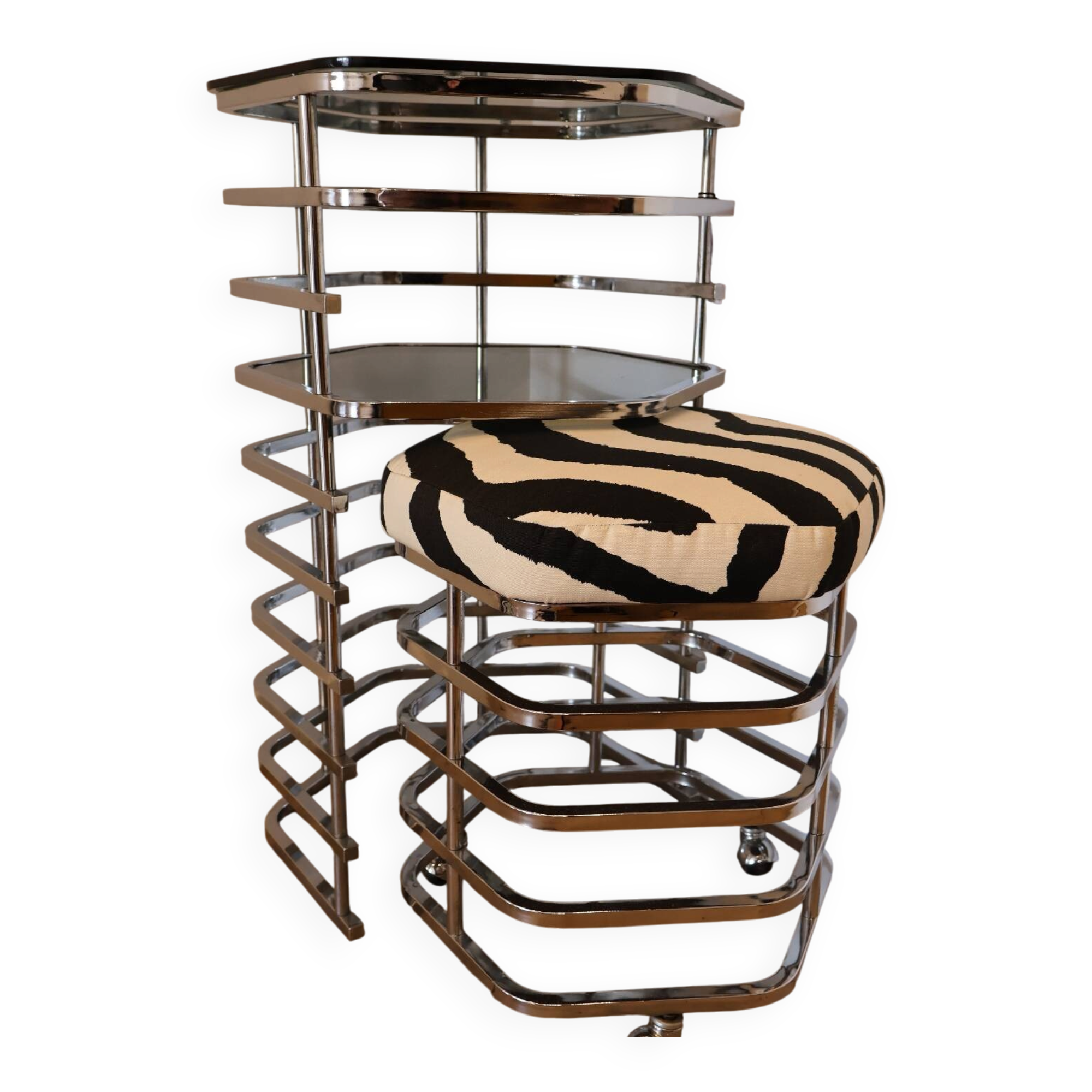 Chrome and smoked glass dressing table with a nesting seat, 1970.