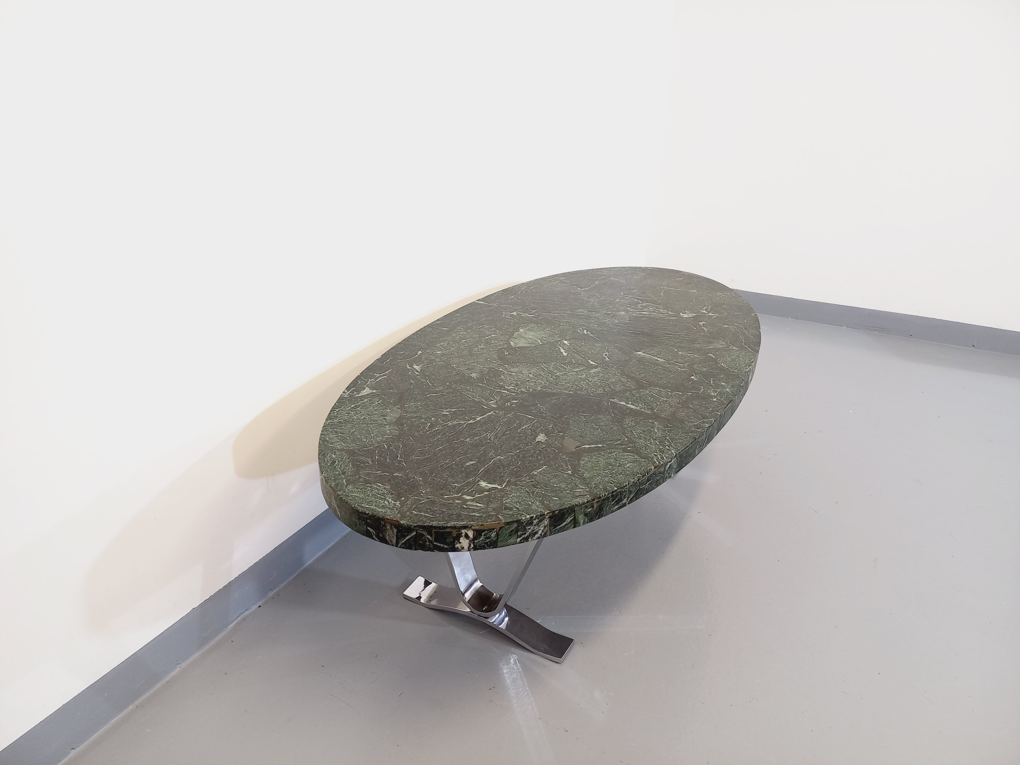 Vintage oval coffee table in stone and chromed metal from the 70s