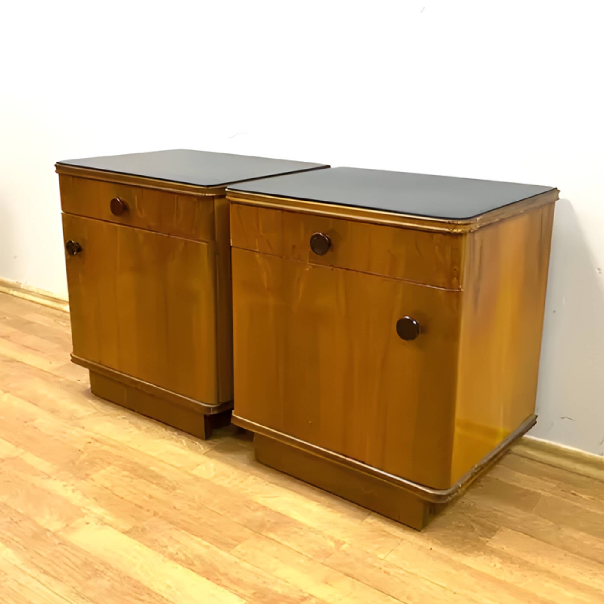 Set of 2 retro bedside tables, veneered wood, 1960s
