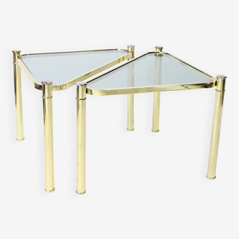 Set Of Two Triangle Brass Side Tables With Glass, Czechoslovakia 1970s