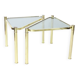 Set Of Two Triangle Brass Side Tables With Glass, Czechoslovakia 1970s