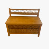 Wooden and rattan toy chest bench