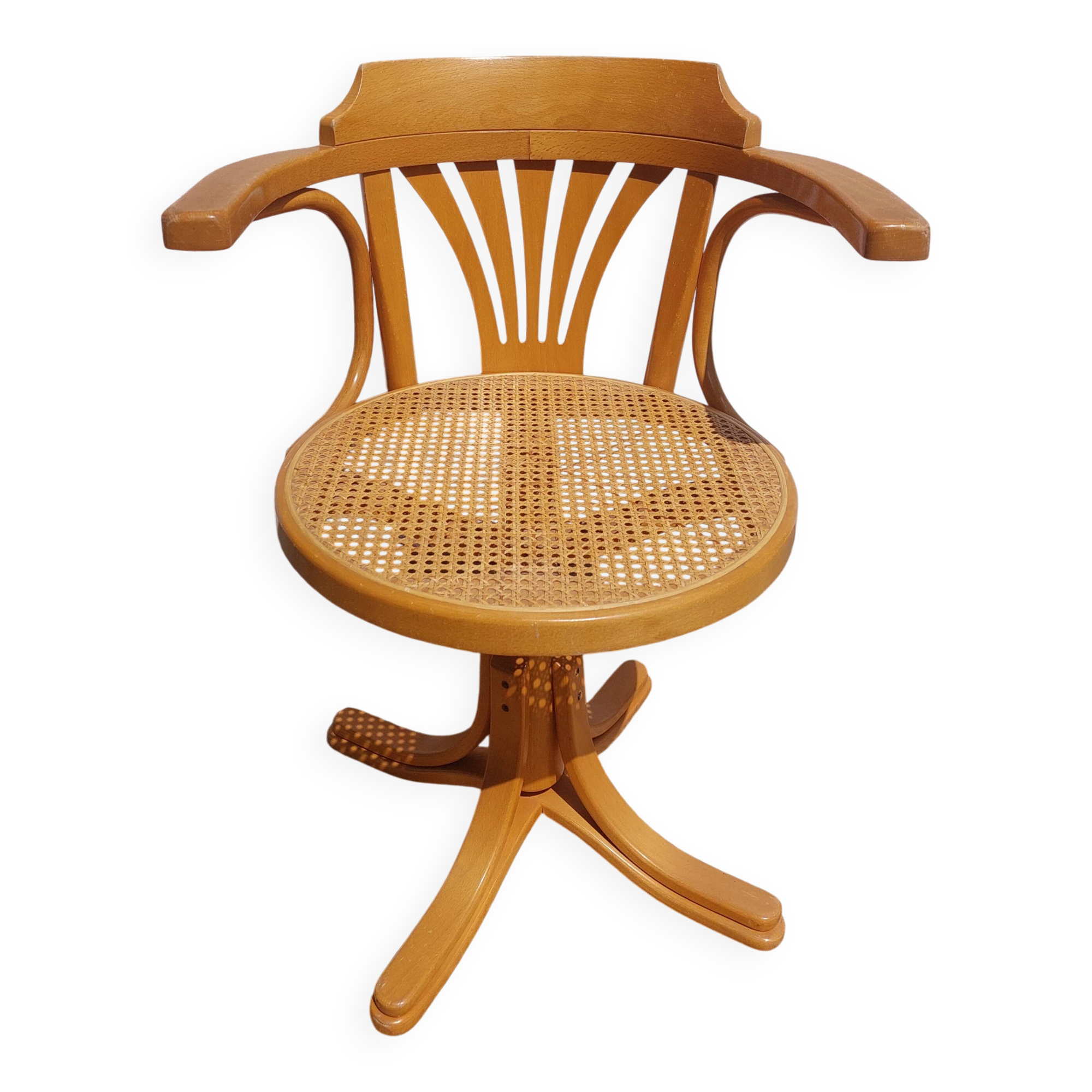 fauteuil tournant bois et cannage, vintage