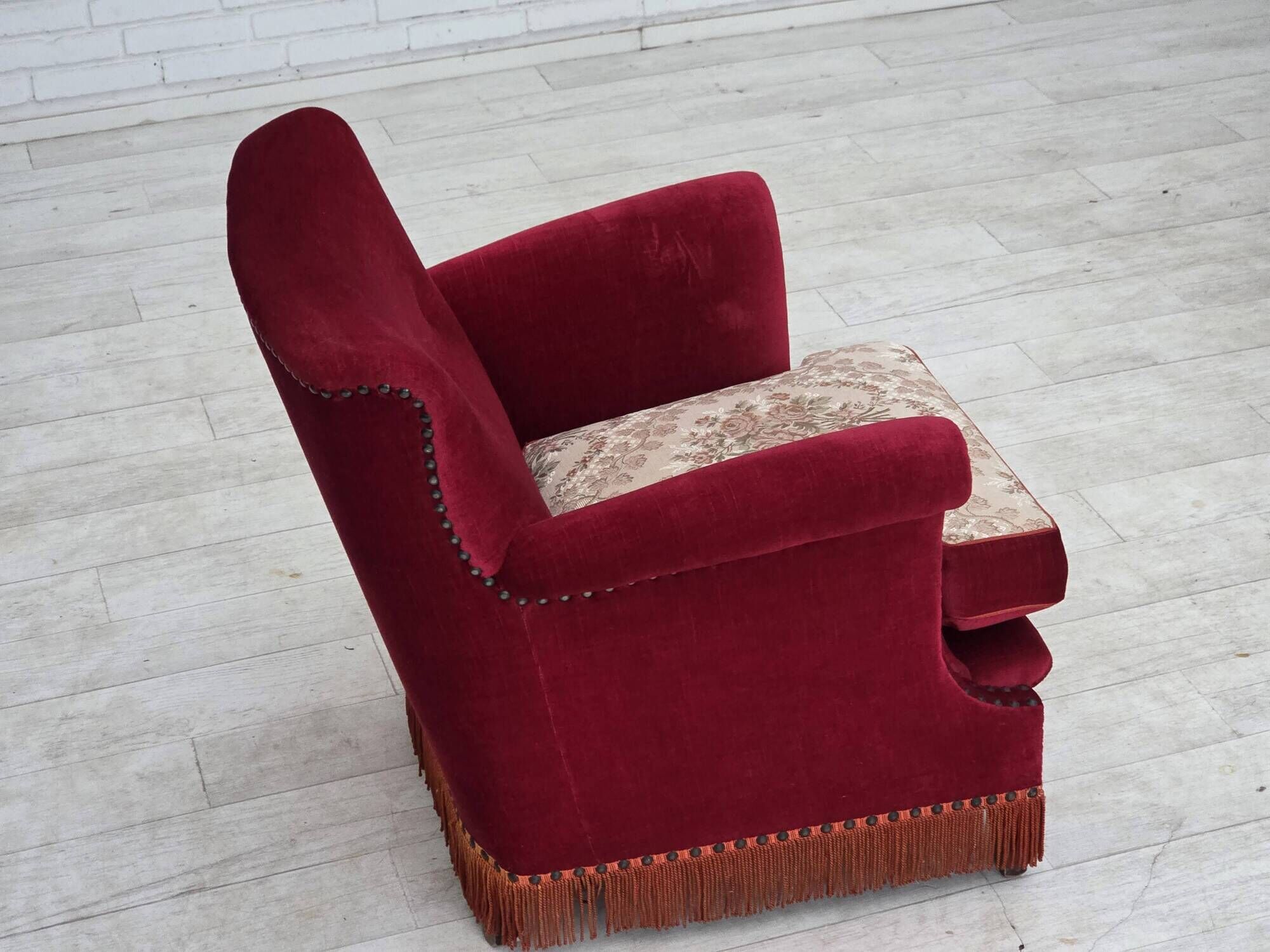 1970s, Danish armchair, furniture velour, ash wood legs.