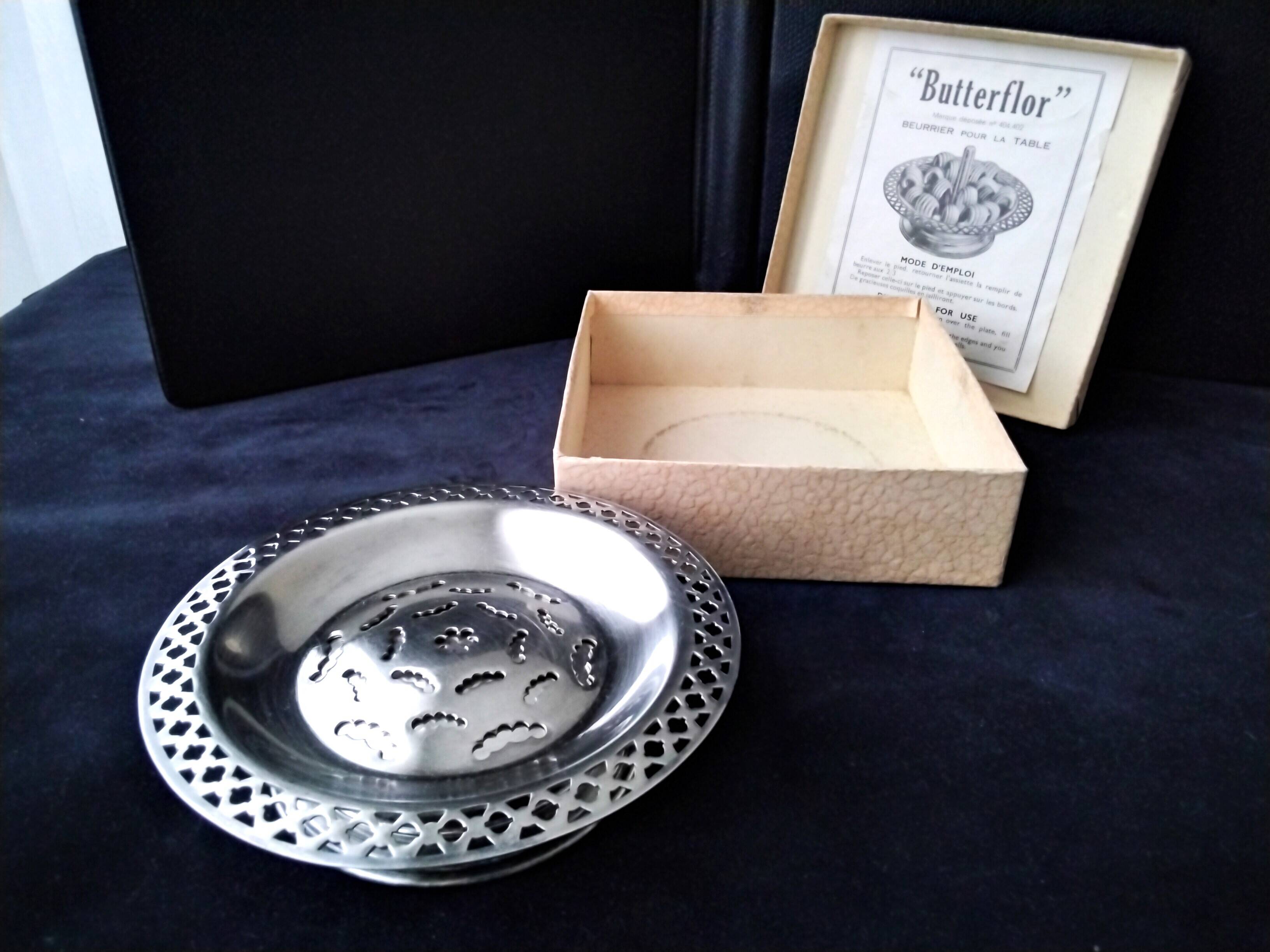 Butter dish, Butterflor butter mold in silver metal