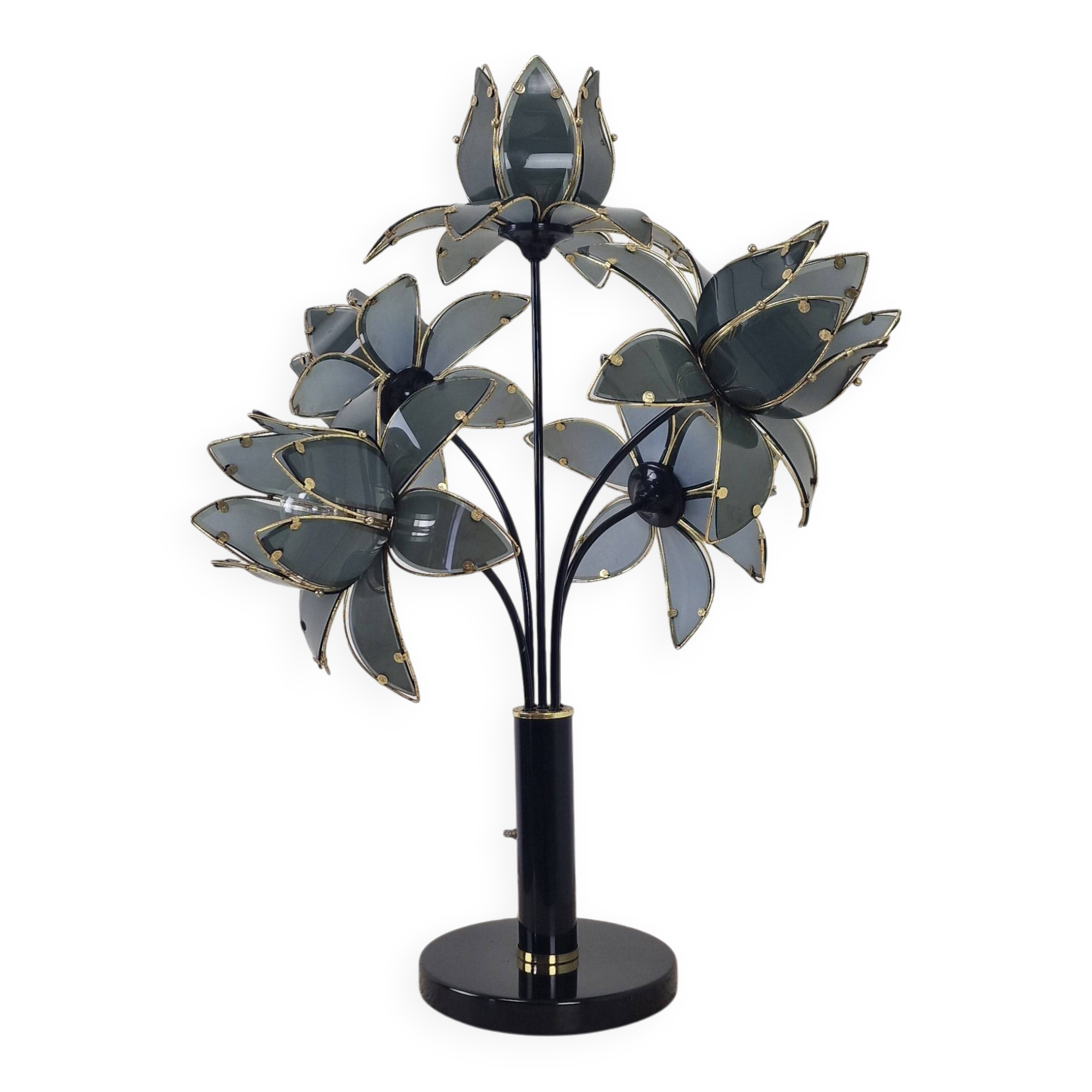 Hollywood Regency 5-Light Lotus Flower Table Lamp in Smoked Glass, 1980's