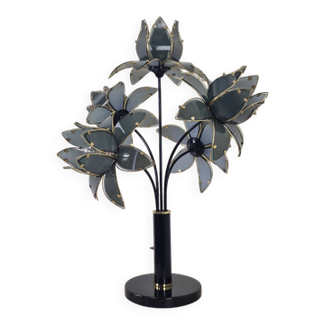 Hollywood Regency 5-Light Lotus Flower Table Lamp in Smoked Glass, 1980's