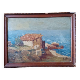 Tableau peinture Cabanon au bord de plage signé