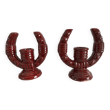 2 fifties red ceramic candle holders, horseshoe pattern