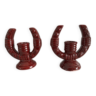 2 fifties red ceramic candle holders, horseshoe pattern