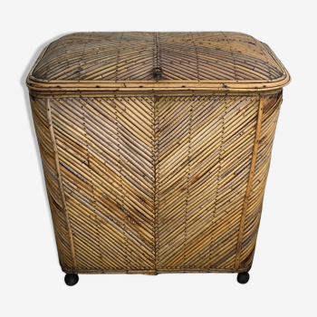 Vintage pencil split reed rattan bamboo wicker chest, 1930s-1950s
