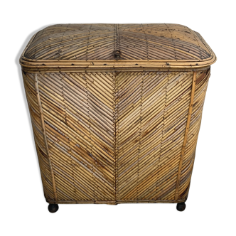 Vintage pencil split reed rattan bamboo wicker chest, 1930s-1950s