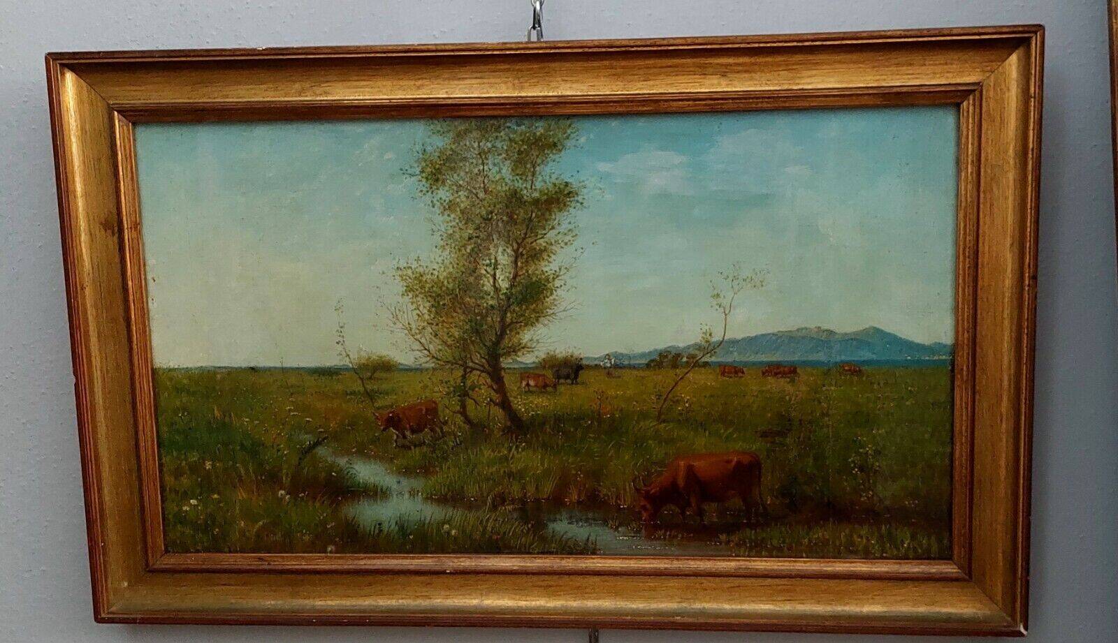 Antique oil painting on panel landscape figures cows - 19th century