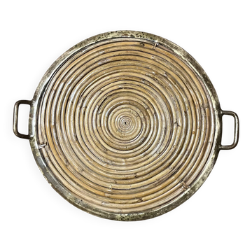 Plateau de service rond vintage bambou et laiton