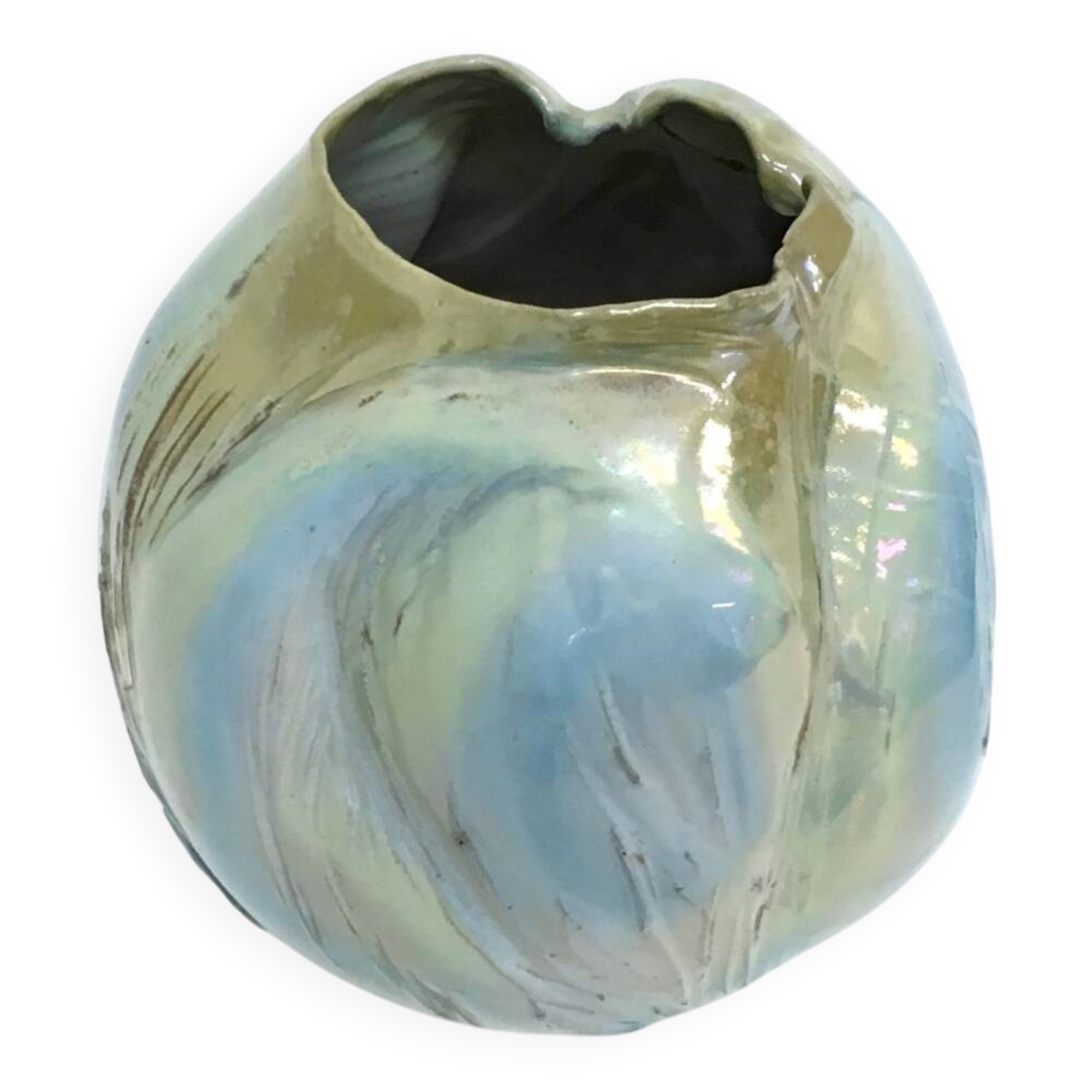 Postmodern Sculptural Hand-Made Iridescent Blue Glazed Earthenware Vase, Italy