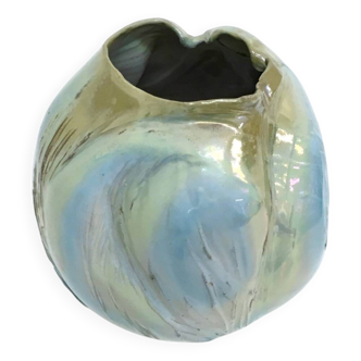 Vase sculptural postmoderne en faïence émaillée bleue irisée, fabriqué à la main, Italie