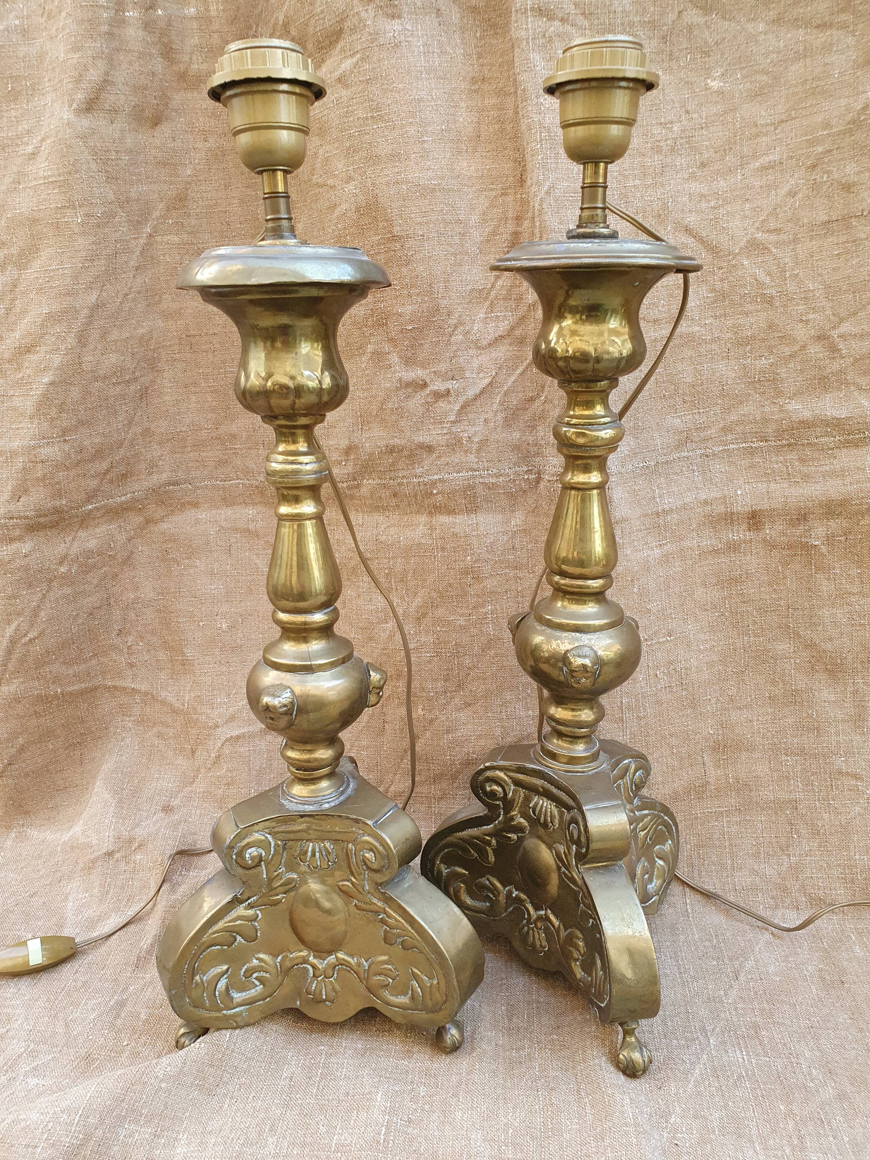 Pair of brass lamps xixème