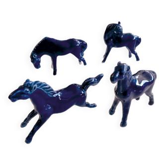 Set of 4 vintage cobalt blue ceramic horses