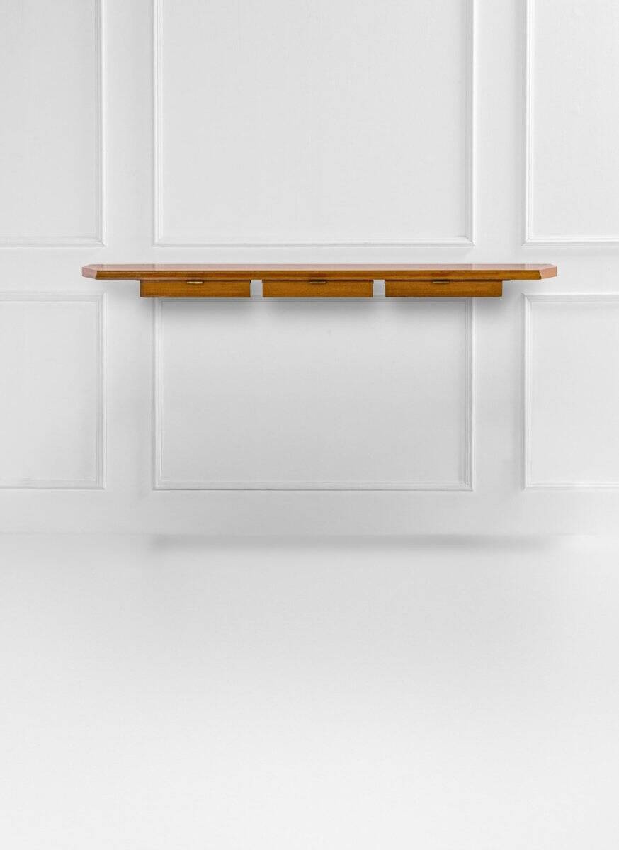 Wall-Mounted Console Table in Wood with Drawers and Brass Handles by Osvaldo Borsani for ABV, 1950s