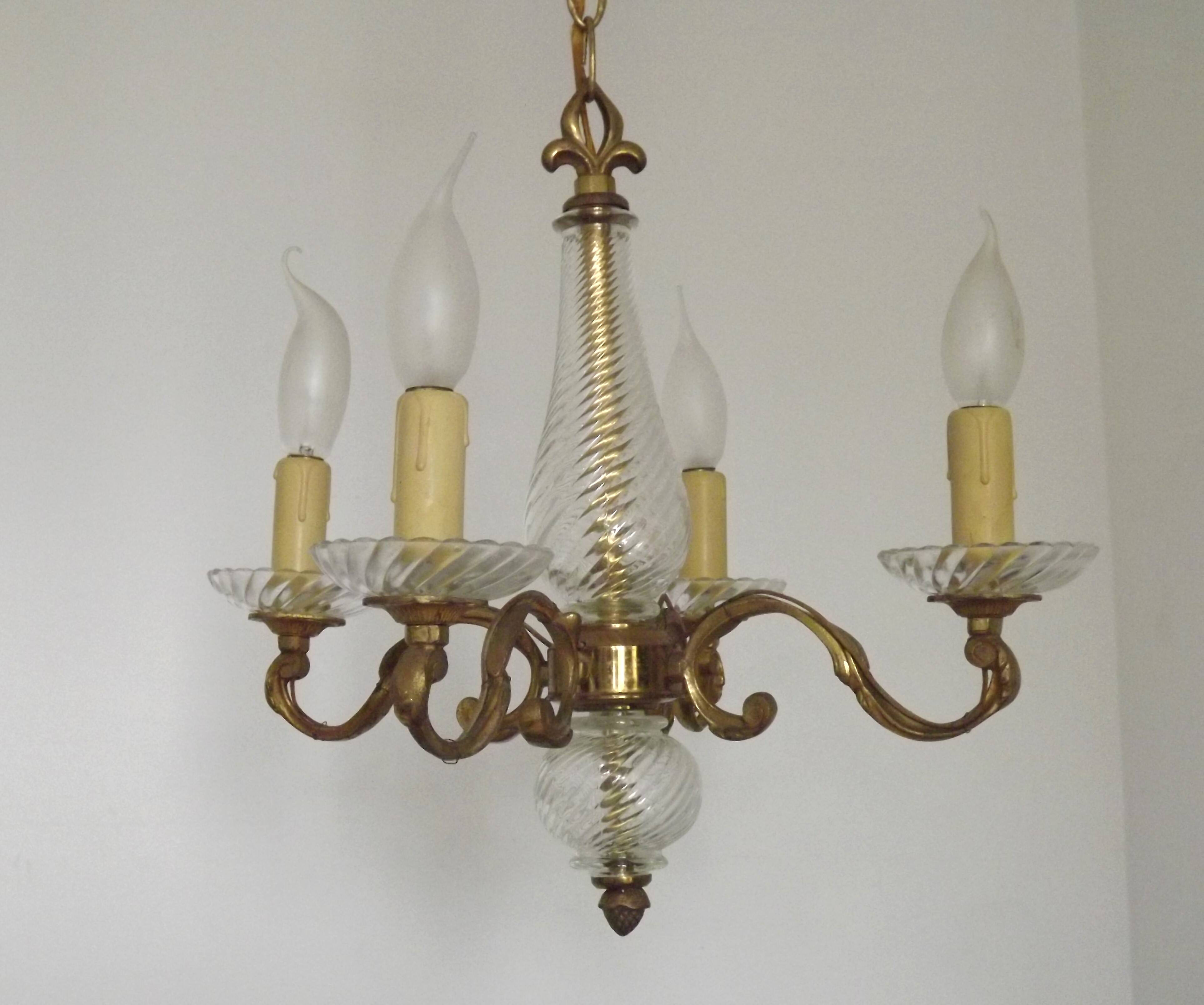 Mid-Century Bronze & Cut Glass 4-Light Chandelier with Fleur-de-Lys Detail