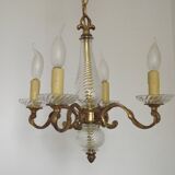 Mid-Century Bronze & Cut Glass 4-Light Chandelier with Fleur-de-Lys Detail