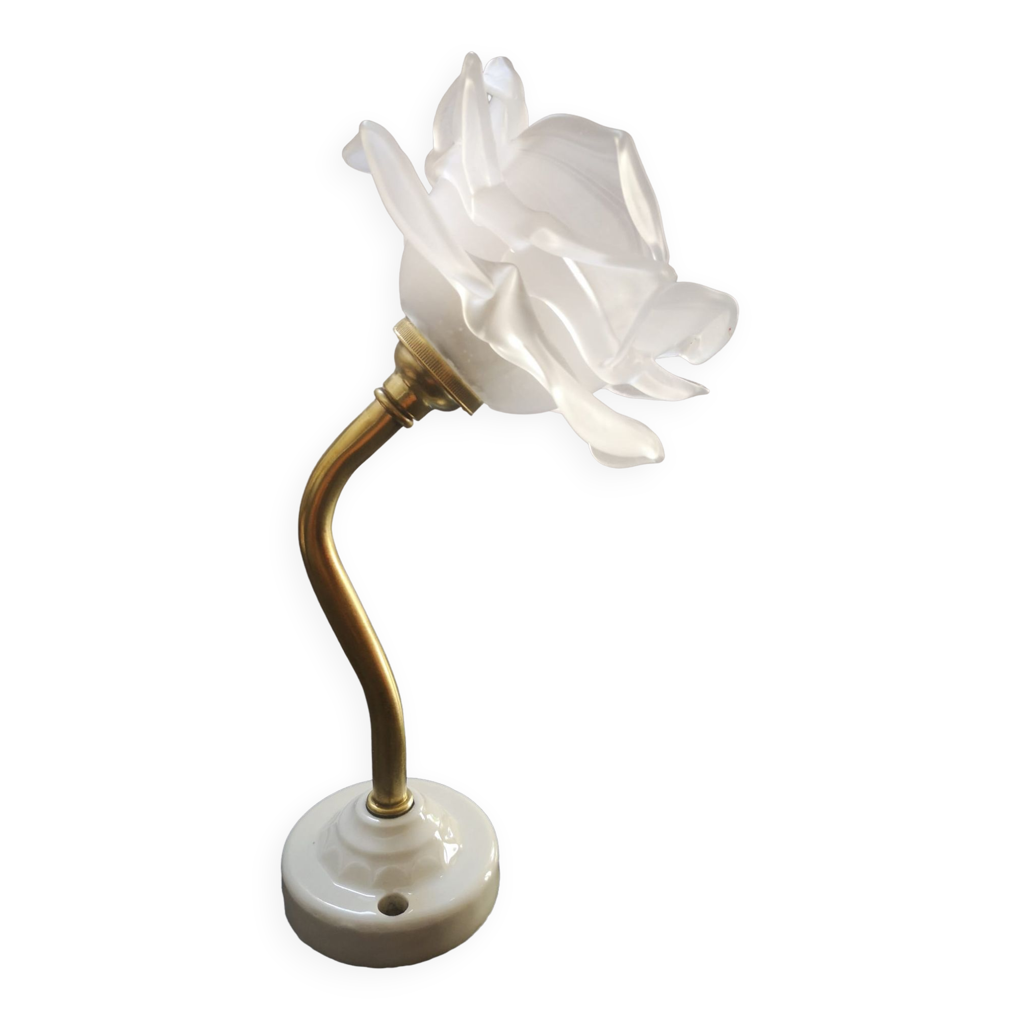 Wall lamp old tulip glass paste shape flower gooseneck brass porcelain art deco 1930