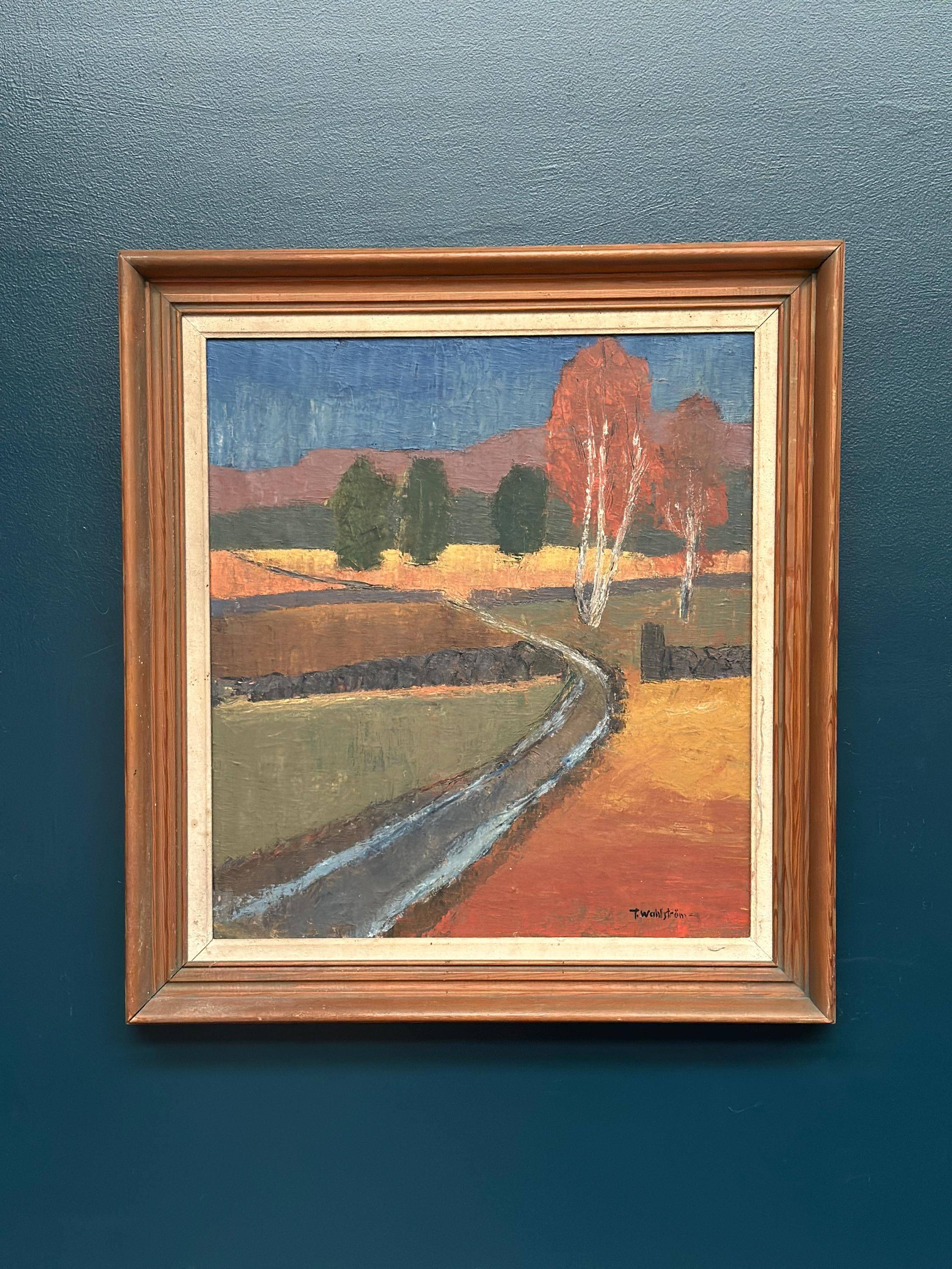 Original Mid Century Swedish Oil On Canvas – “Landscape” By Thure Wahlström – Vintage & Framed