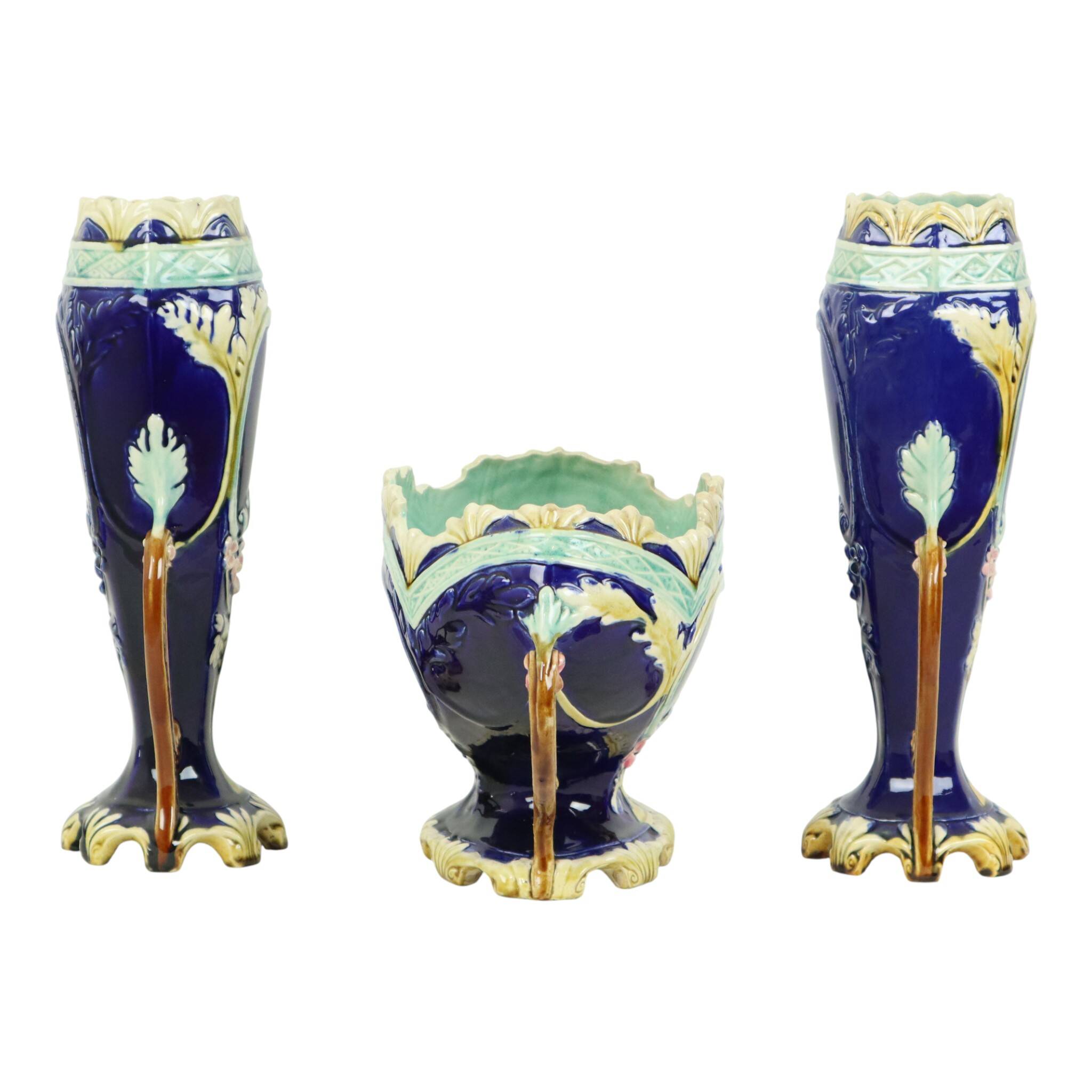 Art Nouveau Barbotine Majolica Vases Jardinière Set of 3