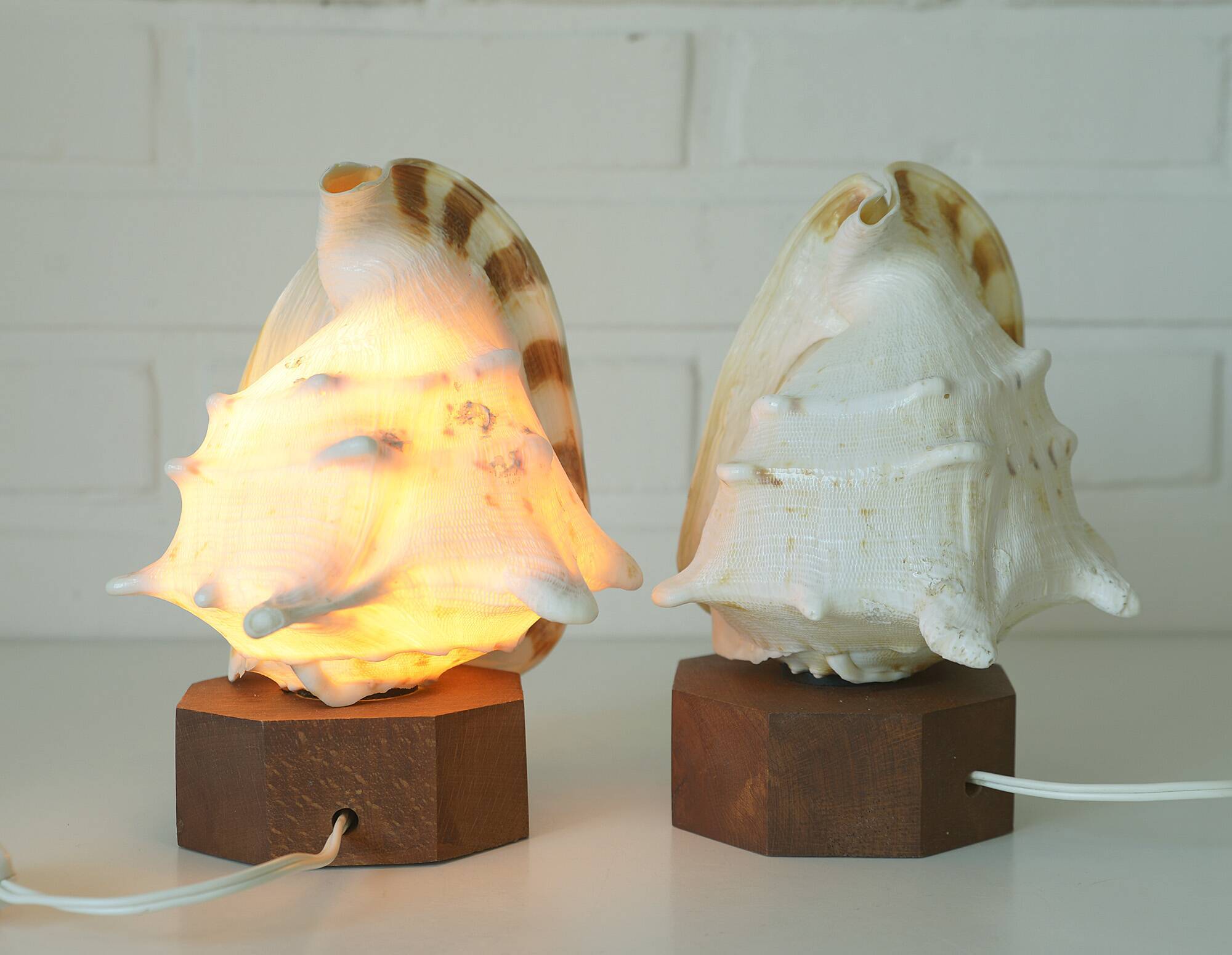Vintage bedside shell lamps lake house decor wooden table lights set of 2