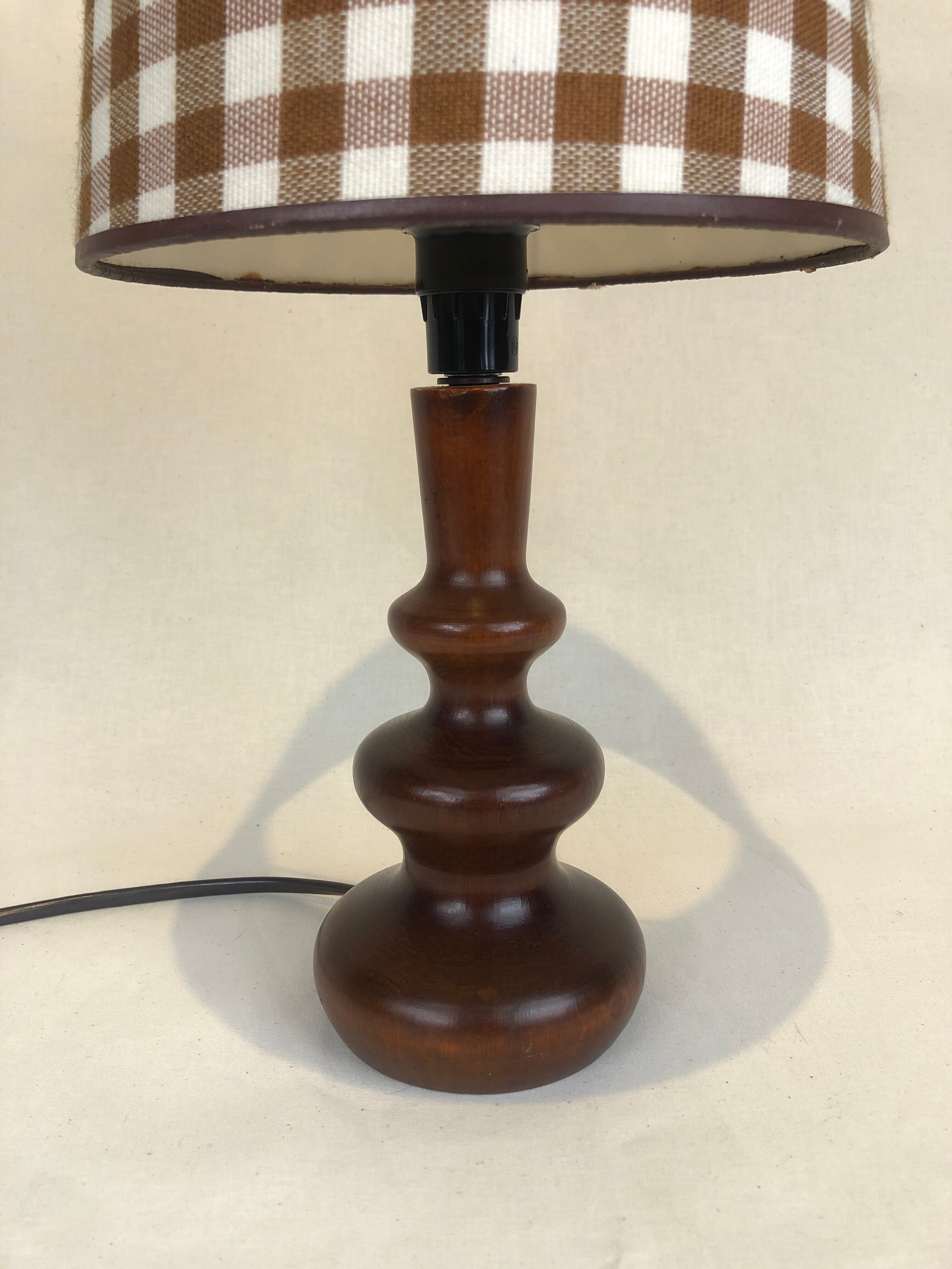 Wooden foot lamp brown tartan lampshade, cottage style