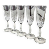 Lot 5 Large champagne flutes in cut crystal. Diamond drop/point patterns. High 20.5 cm