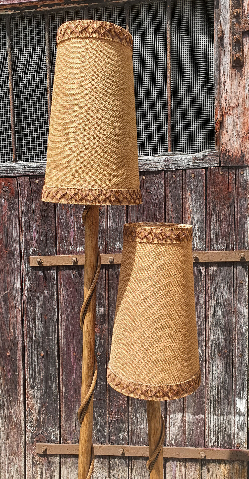 Floor lamp two lights, asymmetrical, bamboo and rattan, vintage, 70s
