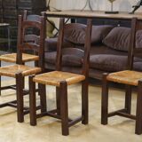Set of 4 chairs in elm and straw by Aranjou 1950s
