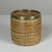 Set of 5 rattan pencil reed and brass plant holder baskets, Italy 1970s