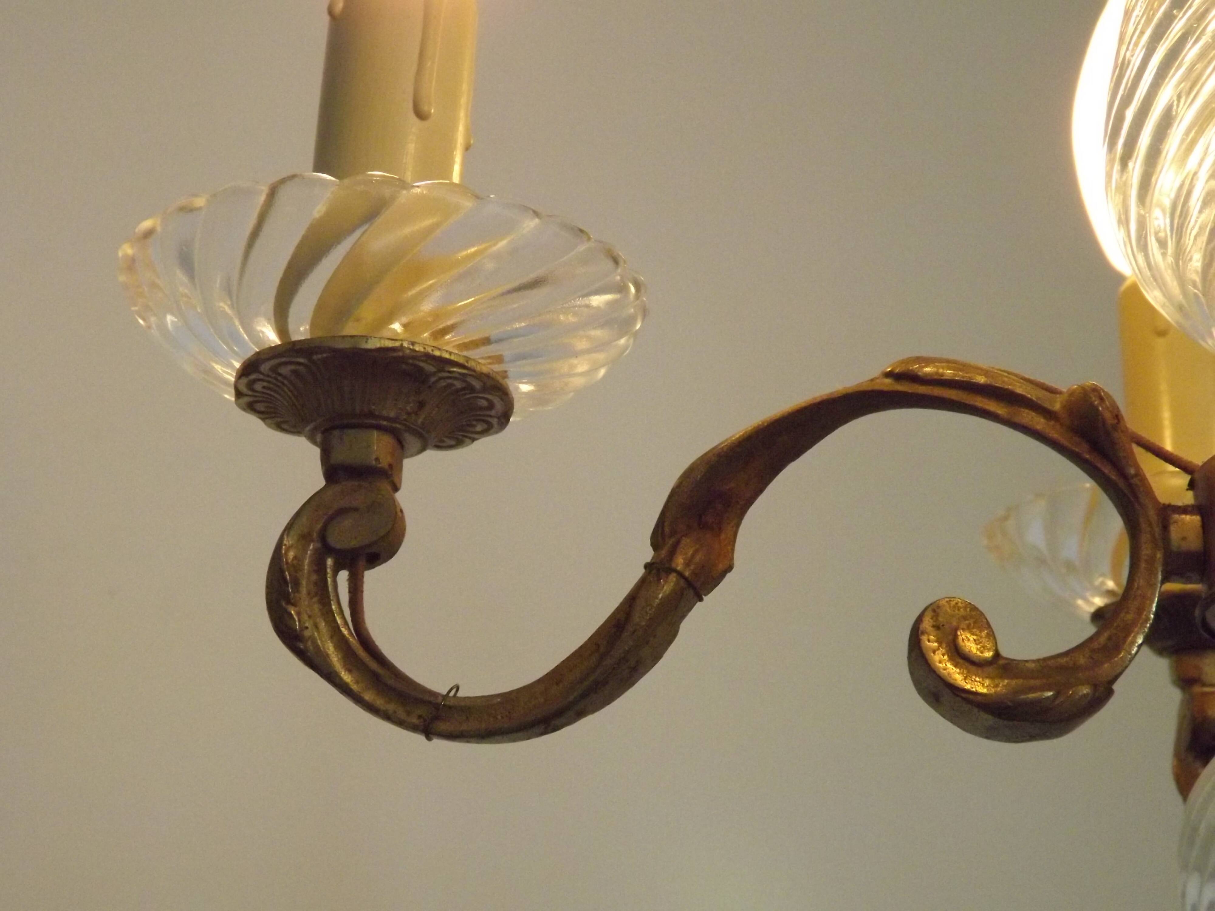 Mid-Century Bronze & Cut Glass 4-Light Chandelier with Fleur-de-Lys Detail