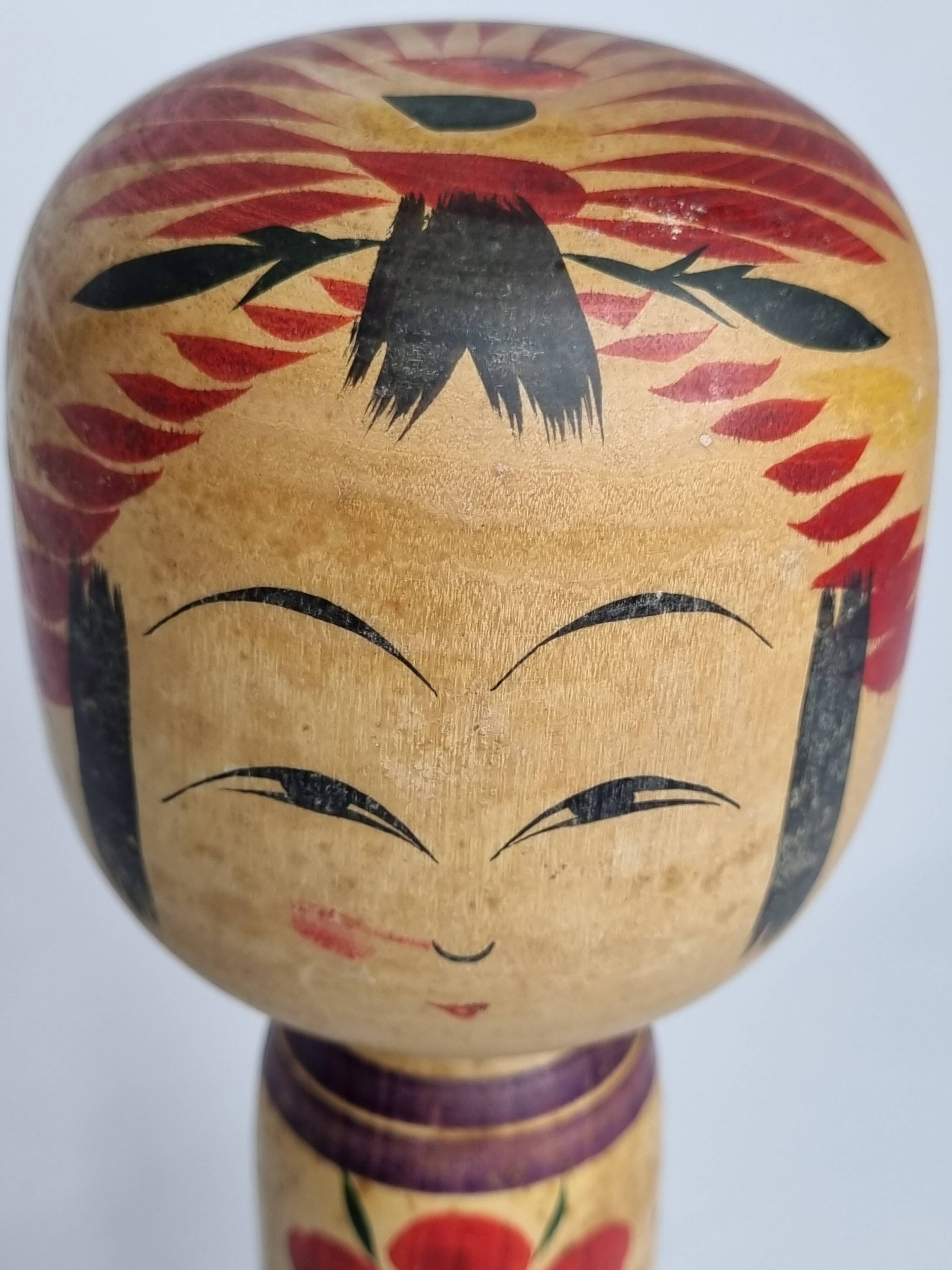 Vintage Japanese Kokeshi doll dated 1986, signed and numbered, floral decoration, 34 cm